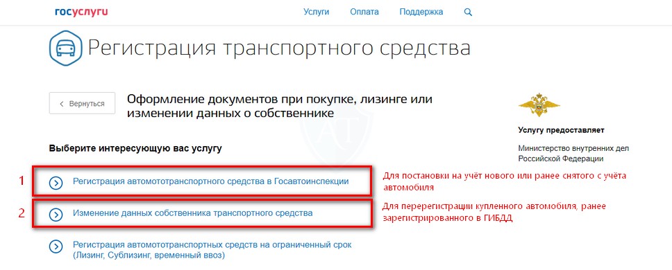 Выбор госуслуги для регистрации автомобиля